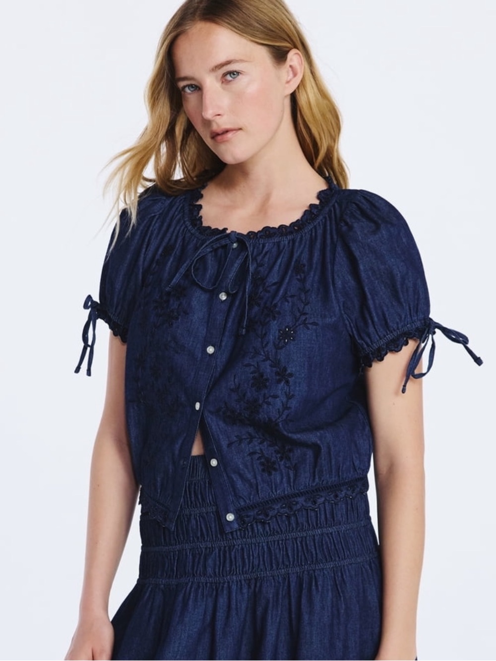 NEW Free Assembly Dark Chambray Embroidered Eyelet Top